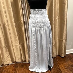 Oh Polly Shirred Slitted Maxi Skirt in Sky Grey